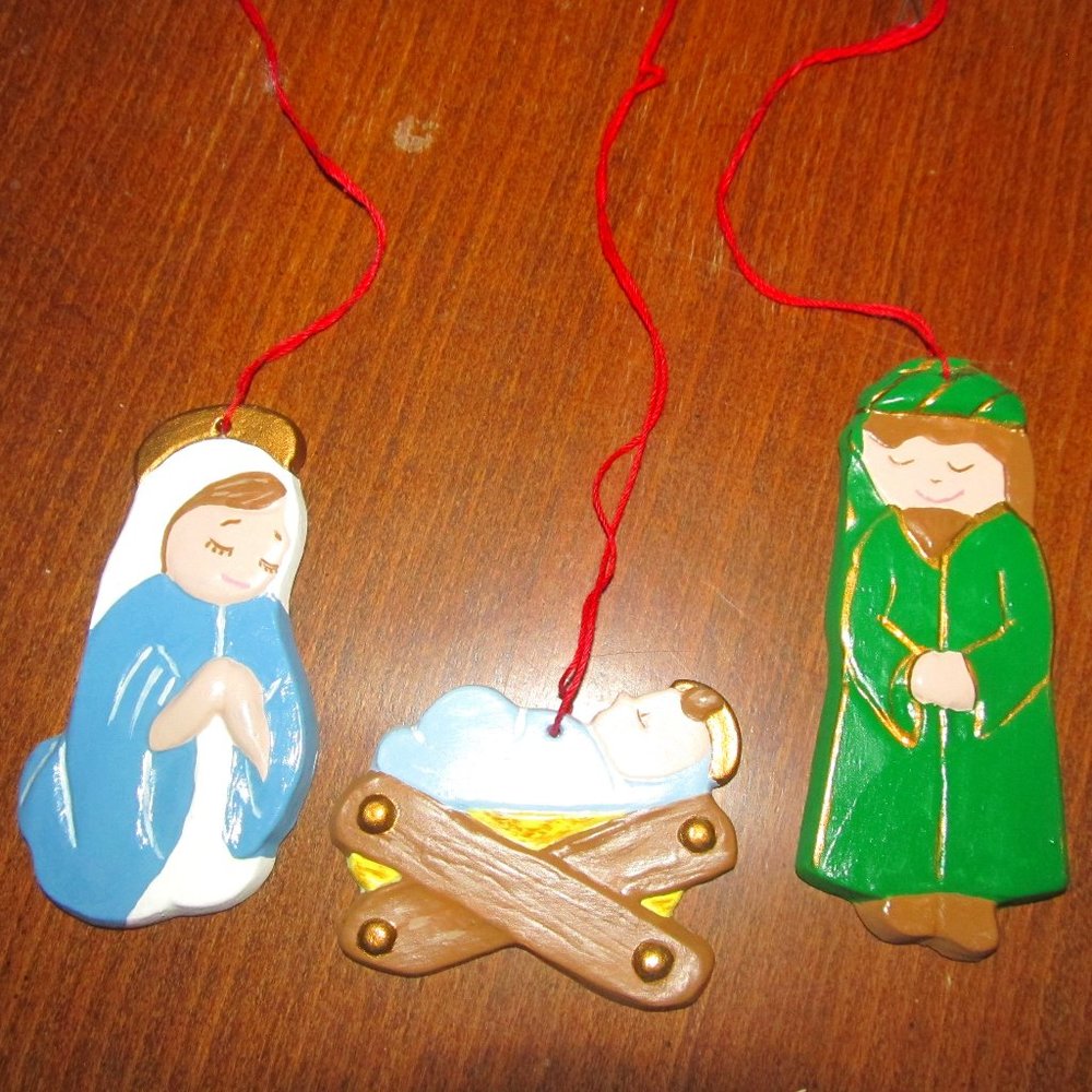 Vintage Hand-painted 3-Piece Nativity Ceramic Christmas Ornaments